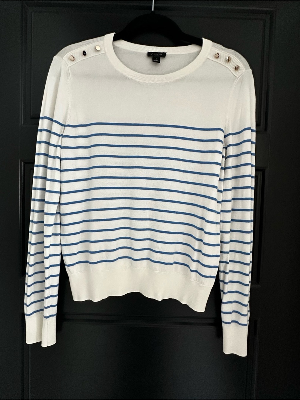 Ann Taylor Factory White & Blue Striped Crewneck Sweater with Shoulder Buttons